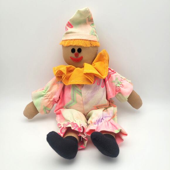 Vintage Cloth Clown Doll 11" Handmade Tie Dye Pastel Outfit Soft Toy Smile - Picture 1 of 7